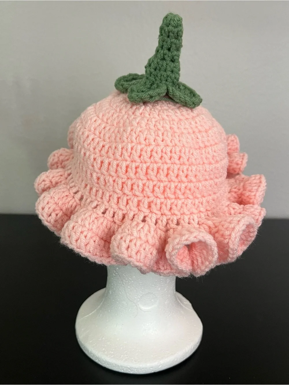 Handmade Pink Crochet Kids Hat with Green Stem